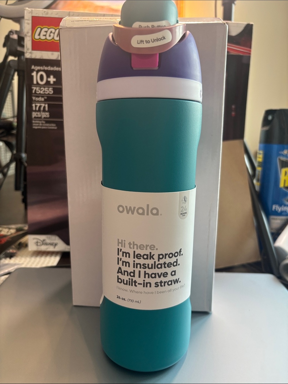 Owala Insulated Straw Bottle - Teal with Purple Cap